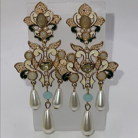 Gold and Cream Chandelier Fairy core giant floral pierced Earrings - Picture 6 of 10